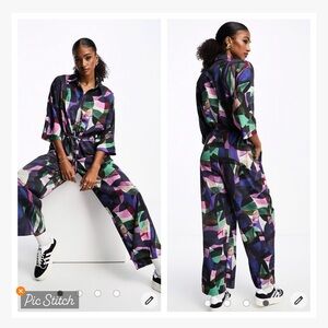 Monki Abstract Print Drawstring Waist Jumpsuit